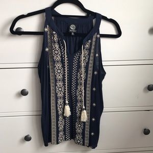 Navy with cream embroidery sleeveless top XS